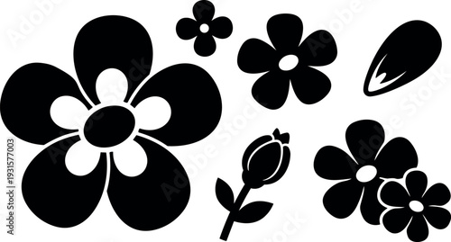 Flat design floral silhouette set with large five petal flower small blossoms rose bud single detached petal black vector collection