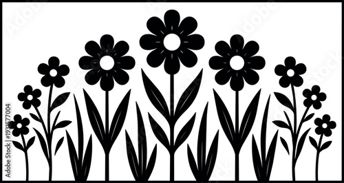 Flat design simple floral silhouette row of daisies and leaves close up framed composition black and white vector art graphic