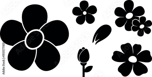 Flat design close up simple floral silhouette set five black flower icons with bud and petal details on white minimal