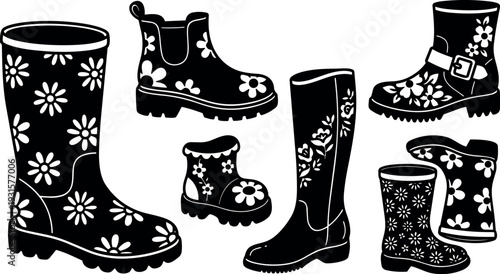Flat design floral rain boots set showing tall knee boot ankle boot childrens boot and western ankle boot side view