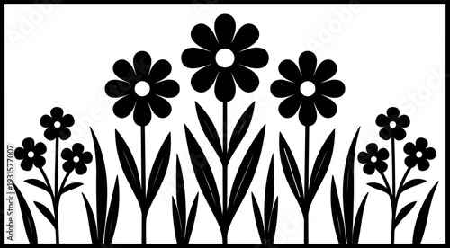 Flat design floral silhouette panel with three tall daisies centered looking forward framed rectangular composition close up minimal black white