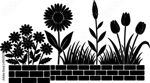 Flat design silhouette flower bed with brick planter daisies sunflower tulips grass close up vector garden scene side view black