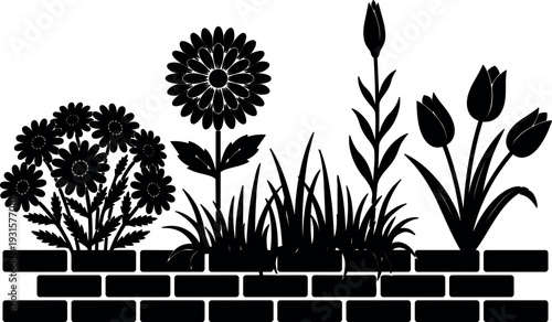 Flat vector silhouette close up brick planter with daisies tall daisy tulips grass side view black and white minimal graphic