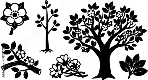Flat design floral silhouette close up blossoming tree with multiple flowering branches leaves and isolated flower elements vector black ornamental