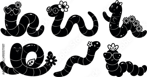 Flat design happy worm characters wearing sunglasses glasses and flowers in playful poses with smiling faces and hearts vector silhouette