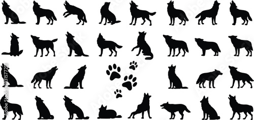 Wolf silhouette collection with howling and standing poses, wild canine animal vector set isolated on white background for design