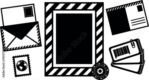 Flat design close up postal collage with envelope stamps postcards barcode luggage tags photo frame mockup high contrast front view
