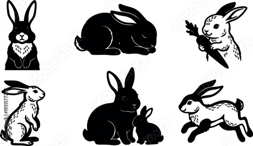 Tattoo flash rabbit icon set with six black silhouettes showing sitting sleeping running holding carrot and parent with baby closeup