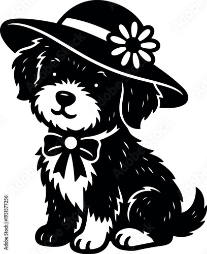 Line art cute puppy wearing wide brim hat with daisy and bow collar sitting and looking at camera in profile