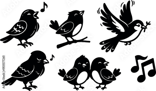 Flat design silhouette birds singing perched flying dove with olive branch musical notes cartoon vector set pair snuggling side view