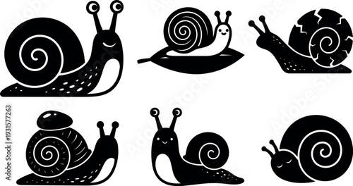Flat design whimsical snail icons set six black silhouette snails playful poses closeup side views simple spiral shells friendly vector