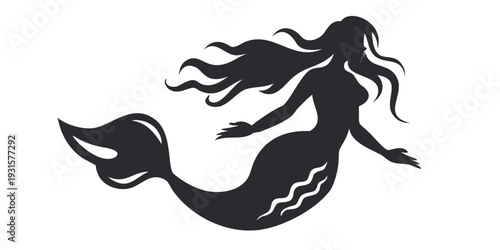 Elegant Black Mermaid Silhouette Swimming with Long Flowing Hair