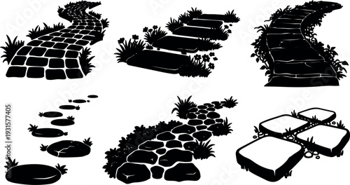 Silhouette vector garden paths set showing six stepping stone layouts curved cobblestone flagstone walkways with grass accents close up side