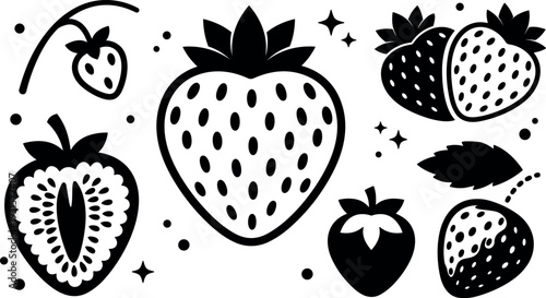 Flat design strawberry icon set bold black silhouettes multiple fruit shapes close up top view playful composition hand drawn feel