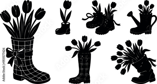 Flat design tulip bouquet in rain boot and watering can silhouettes close up with bow detail rustic floral arrangement set