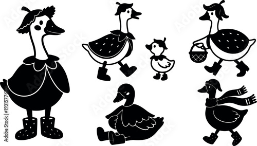 Folk art silhouette vector ducks family walking in boots and scarf carrying basket close up playful nursery illustration black flat