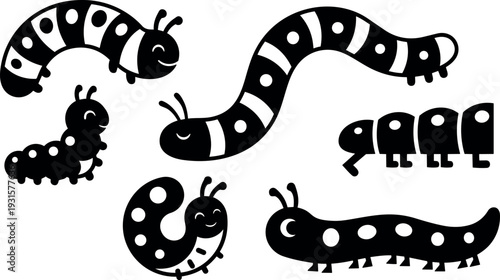 Flat design playful caterpillar set collection with smiling segmented bodies different poses close up isolated on white background vector side