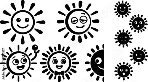 Flat design smiling sun icons set with varied facial expressions close up and half sun playful minimal vector art