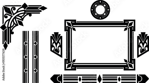 Art deco ornamental frame elements set with corner borders decorative panels and geometric motifs in black vector flat style composition
