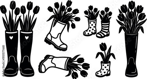Flat design close up tulip bouquets in rain boots and single stems in decorative silhouettes low angle garden still life