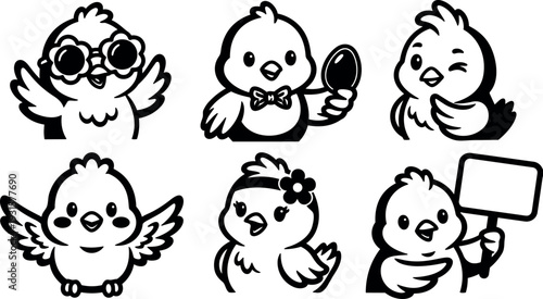 Line art vector set of six cute chick icons with sunglasses mirror bow tie winking holding sign and flapping wings