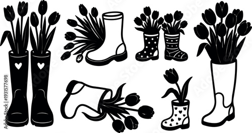 Minimalist vector silhouette tulip bouquet in decorative rain boots close up multiple arrangements flat design spring floral black graphic illustration