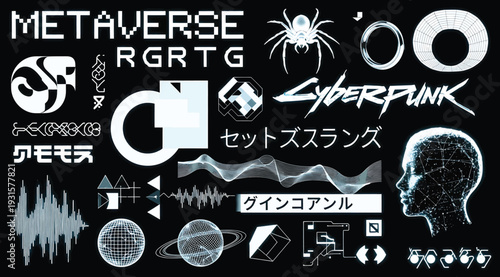A collection of futuristic cyberpunk symbols and logos on a black background with various words and graphics