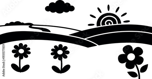 Flat design stylized sunrise over rolling hills with three daisy flowers in foreground close up landscape minimal vector silhouette art