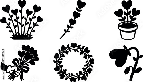 Flat design heart plant icons bouquet wreath and potted hearts hand holding bouquet close up valentines day silhouette minimal black