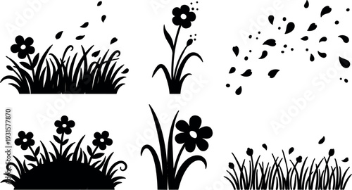 Flat design floral grass silhouette set with five flower elements close up view decorative meadow accents simple black vector icons