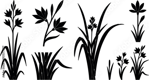 Silhouette flat design botanical vector set of grass clumps and flower stems close up black simple minimal side view icons