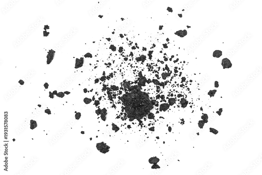 Fototapeta premium Fresh pieces of asphalt scattered, isolated on white background, top view, design element, clipping
