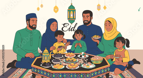 Happy Muslim family celebrating Eid together.