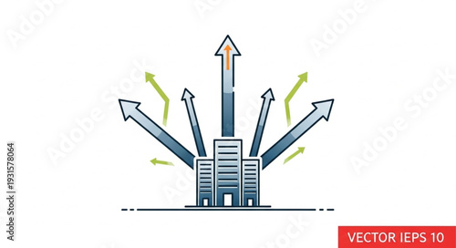 Business growth concept with upward arrows from buildings.