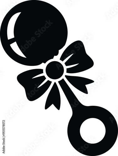 Baby rattle silhouette illustration, infant toy symbol with bow, cute child accessory icon, black vector design isolated on white background