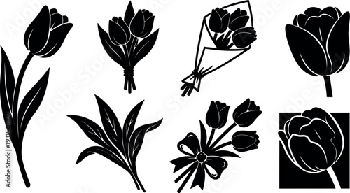 Flat design tulip silhouette set close up bouquet single stem leaf arrangement ribbon wrapped bouquet square icon minimal black vector