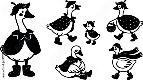 Folk art vector collage of waddling mother duck and two ducklings wearing boots carrying basket low angle whimsical black silhouettes