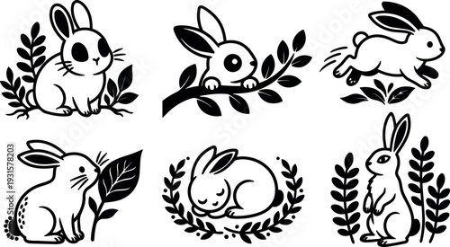 Tattoo flash vector set of six rabbit poses with botanical leaves close up side view playful sleeping running minimalist black
