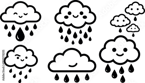 Flat line art kawaii cloud icons set smiling winking clouds raining various drop sizes horizontal layout black white minimal vector