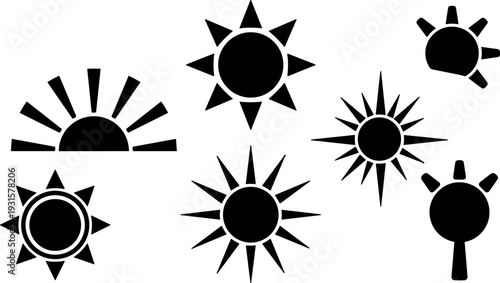 Flat design sun icon set assorted radial sunburst silhouettes close up for weather app interface and branding vector minimalist collection