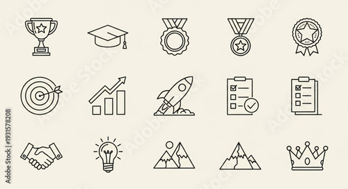 Achievement and Success Icon Set Featuring Trophies, Medals, and Graduation Caps.