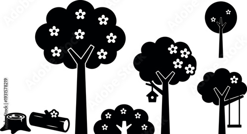 Flat design silhouette flowering trees with swing birdhouse stump and logs in playful garden scene with close up foreground vector