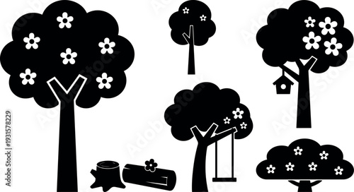 Flat design playful tree set with swing birdhouse stump and flowering canopy close up trunk black silhouette landscape minimal vector