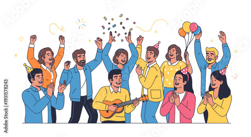 Diverse group of people celebrating together.