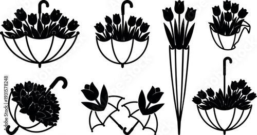 Flat design umbrella tulip silhouettes arranged in decorative bouquet icons with varied handles and upside down compositions black vector set