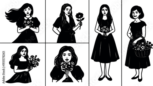 Line art panel showing six women holding flowers in different poses close up and full length looking at camera mood