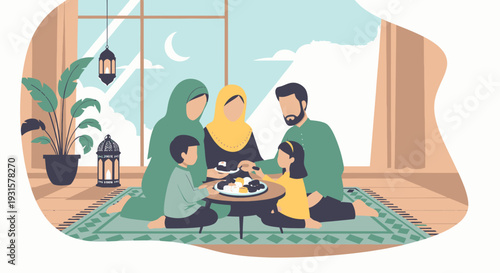 Family breaking fast during Ramadan at home.