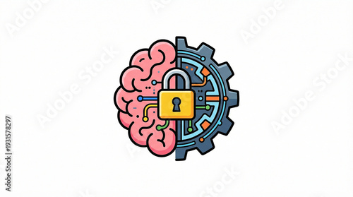 Cartoon human brain with a gear and security lock