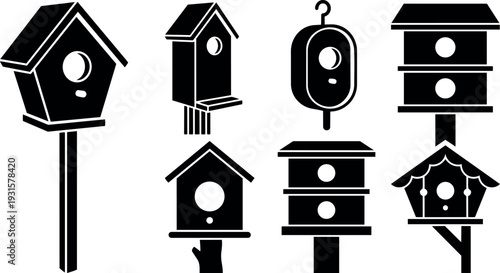 Flat design black silhouette birdhouse icon set eight variations with pole hook hand held front side three quarter view close