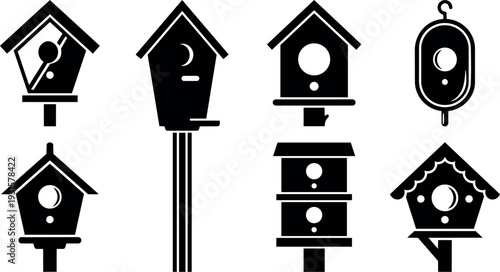 Flat design bird house icon set close up multiple silhouette nesting boxes on poles and hooks in high contrast minimal